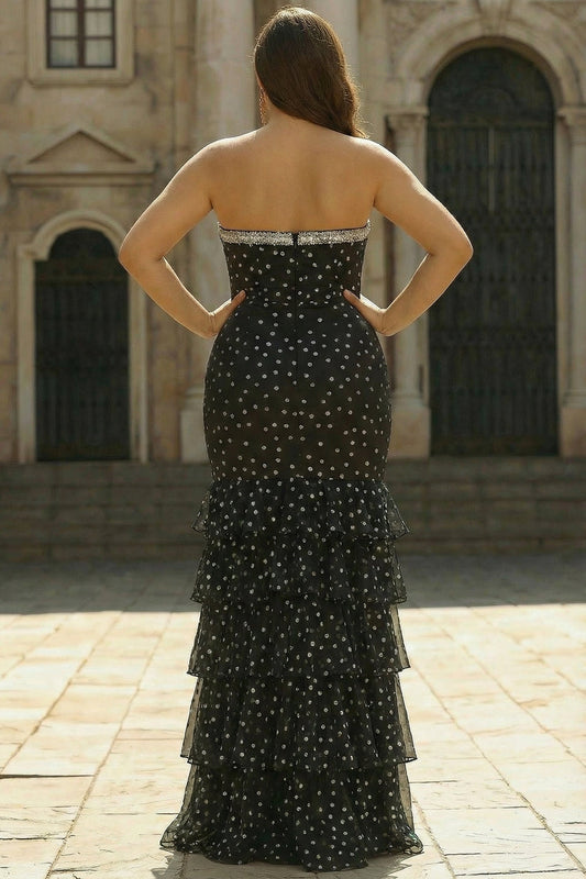 Robe de bal longue grande taille bustier sirène à pois noirs et blancs avec volants