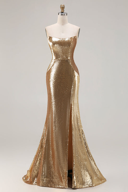 Robe de bal longue sirène sans bretelles à paillettes dorées scintillantes avec fente
