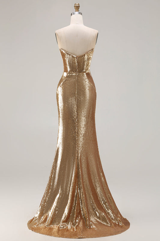 Robe de bal longue sirène sans bretelles à paillettes dorées scintillantes avec fente