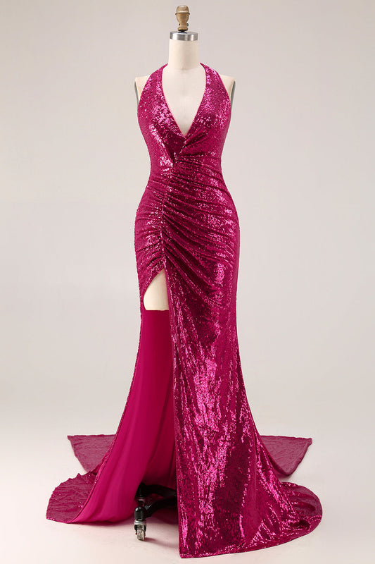 Robe longue de bal sirène fuchsia scintillante avec dos nu et fente