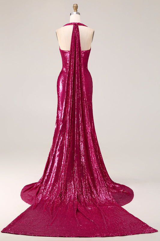 Robe longue de bal sirène fuchsia scintillante avec dos nu et fente