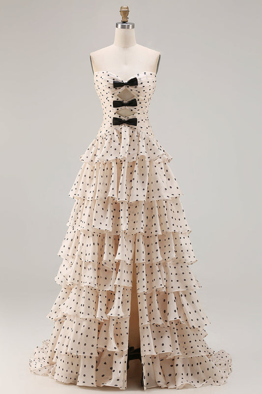 Strapless Apricot Black Dot A-Line Tiered Ruffle Cutout Long Prom Dress with Slit