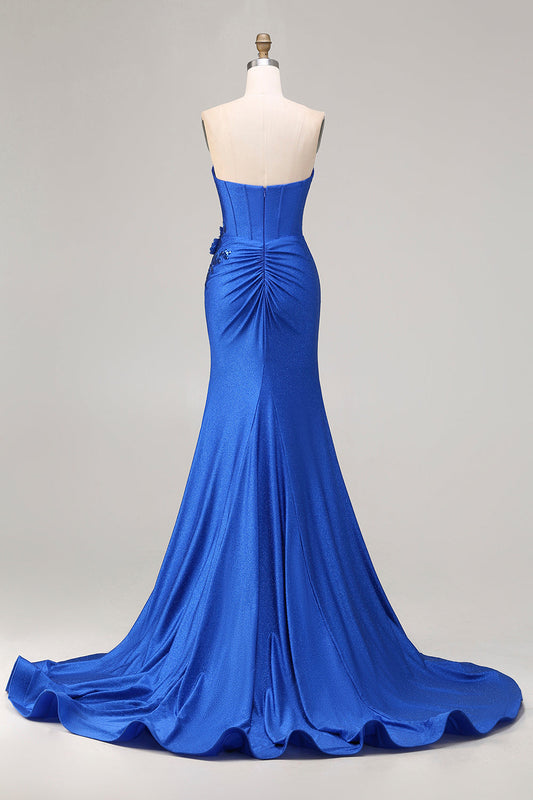 Royal Blue Strapless Mermaid 3D Flowers Beaded Long Prom Dress with Slit