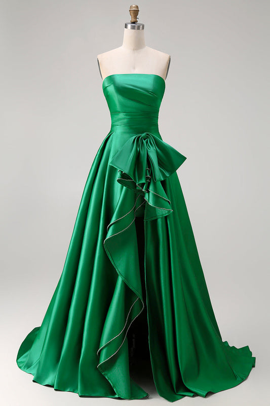Robe de bal longue deux pièces trapèze vert foncé sans bretelles avec fente et nœud