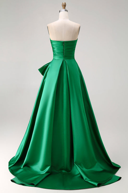 Robe de bal longue deux pièces trapèze vert foncé sans bretelles avec fente et nœud