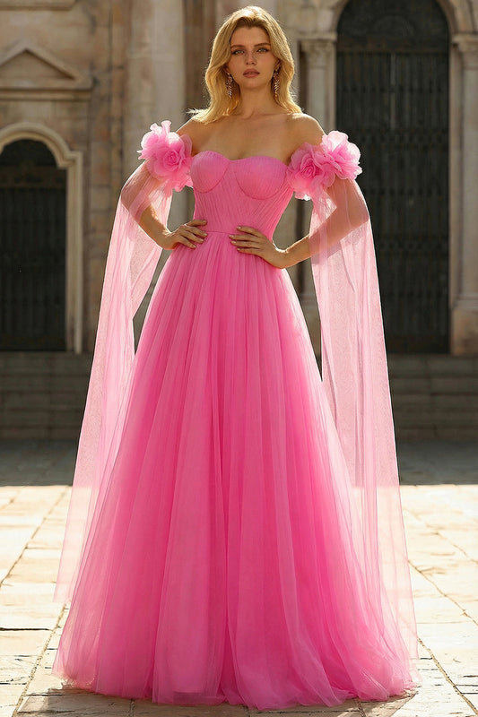 Off The Shoulder Hot Pink A Line Pleated Tulle Long Prom Dress with Streamer