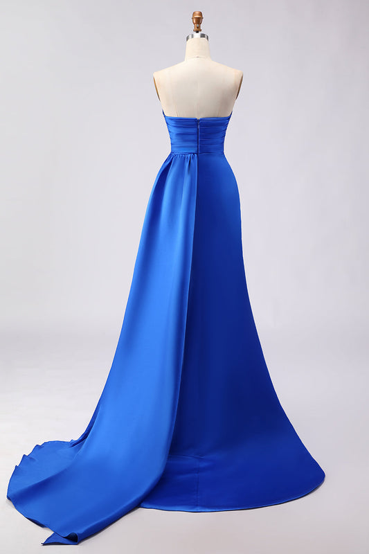 Royal Blue Strapless Mermaid Beaded Long Satin Prom Dress with Slit