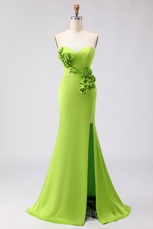 Robe longue sirène verte bustier avec fleurs 3D et fente