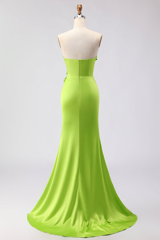 Robe longue sirène verte bustier avec fleurs 3D et fente