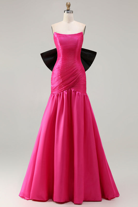 Vestido largo de fiesta de satén fucsia sin tirantes con corte en A y lazo grande convertible