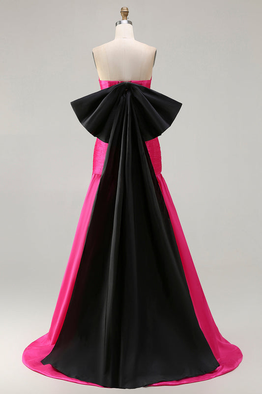 Vestido largo de fiesta de satén fucsia sin tirantes con corte en A y lazo grande convertible
