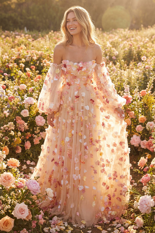 Robe de bal longue convertible en tulle couleur champagne, bustier, coupe trapèze, avec fleurs 3D
