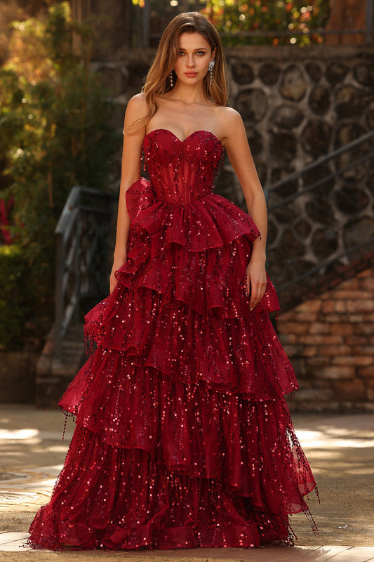 Sparkly Burgundy Princess Sweetheart Fringed Long Sequin Prom Dress with Ruffles