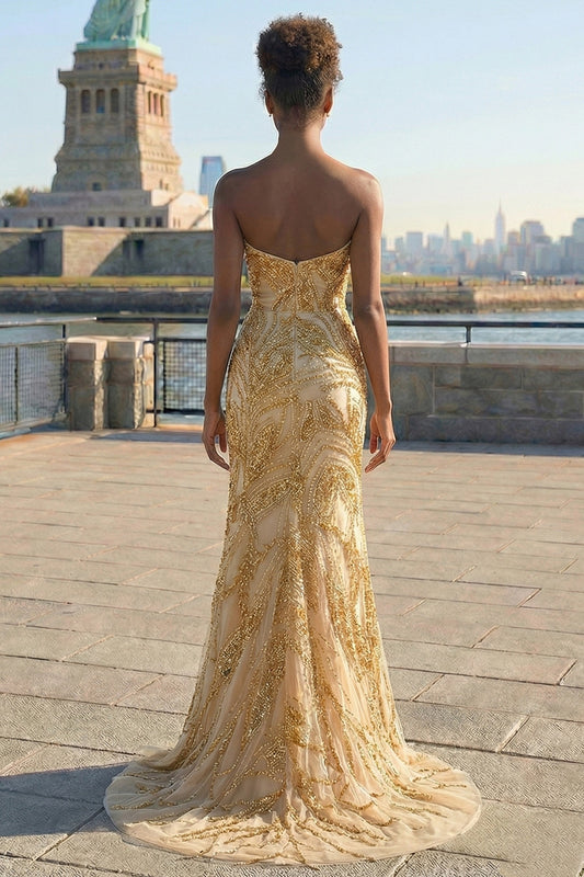 Robe de bal longue sirène dorée avec perles et fente