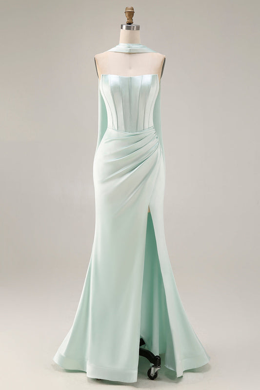 Robe longue vert clair bustier coupe sirène corset fente latérale avec foulard au cou