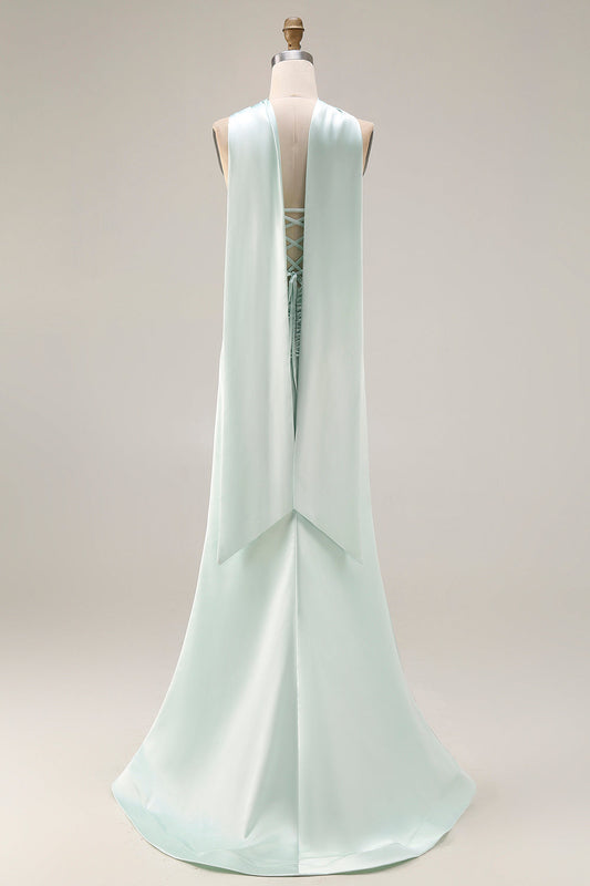 Robe longue vert clair bustier coupe sirène corset fente latérale avec foulard au cou