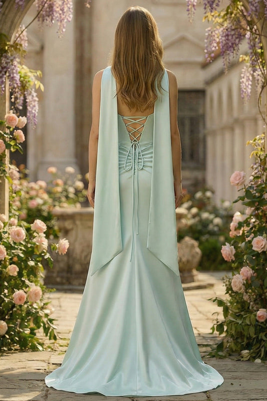Robe longue sirène bustier en satin vert clair avec fente latérale et foulard pour le cou