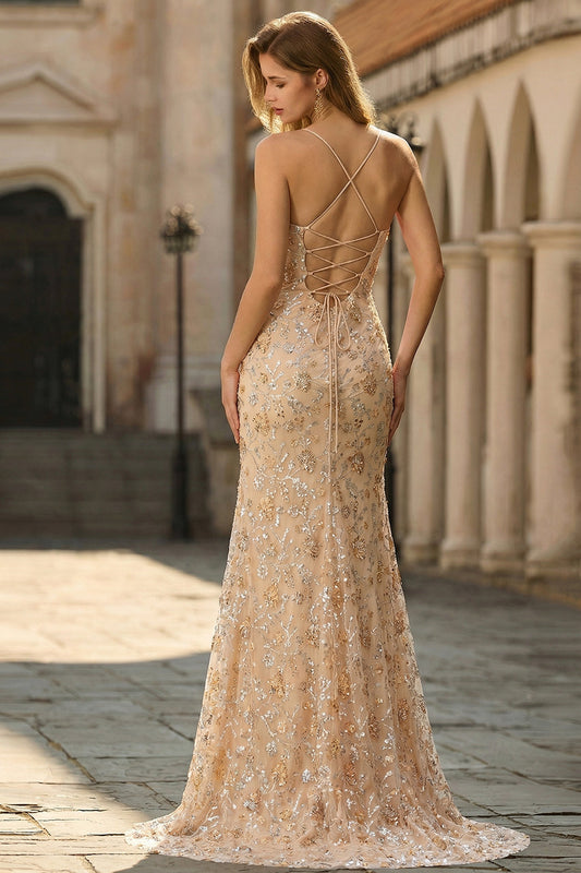 Sparkly Champagne Sequins Mermaid Lace Up Back Long Prom Dress with Slit