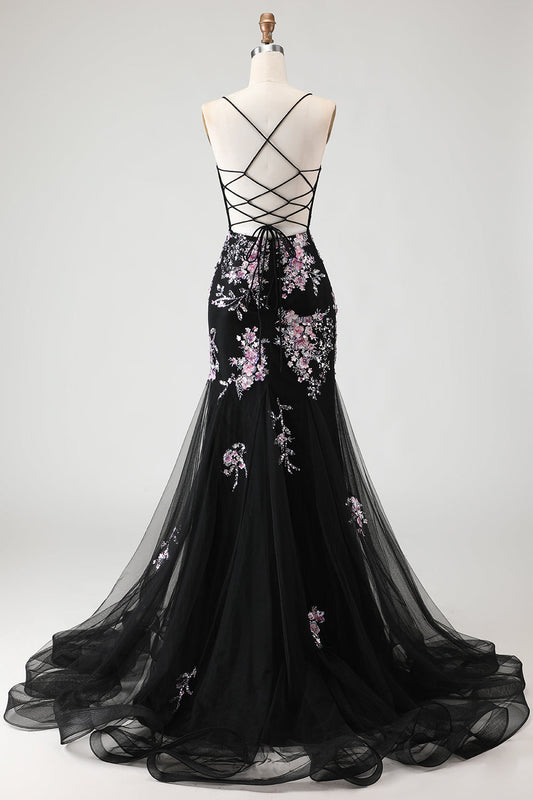 Corset long en sequins, coupe sirène, noir étincelant avec fleurs roses, pour bal de promo, dos lacé.
