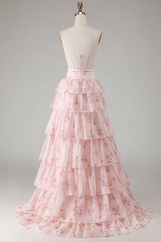 Robe de bal longue bustier rose floral à volants, corset et perles