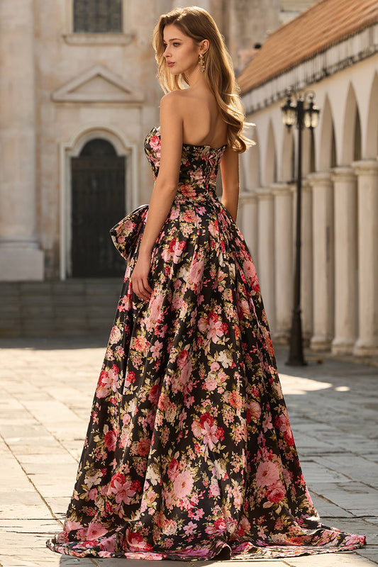 Robe de soirée longue noire et rose à imprimé floral, ligne A, bustier, avec nœud