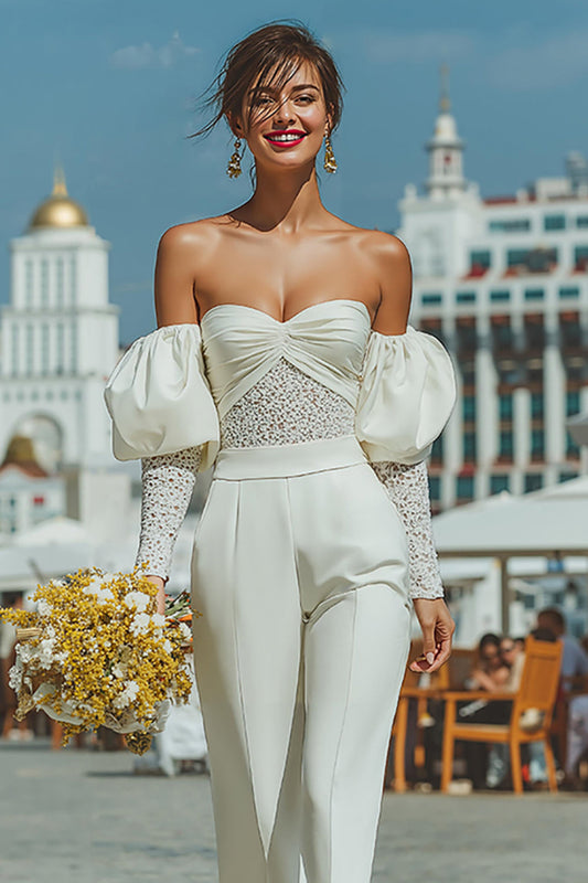 Off The Shoulder Ruched White Lace Wedding Jumpsuits