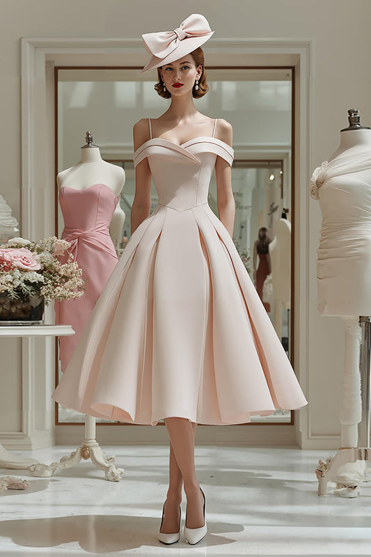 Robe Midi Froncée Épaules Dénudées Coupe Trapèze Rose Bonbon pour Mère de la Mariée