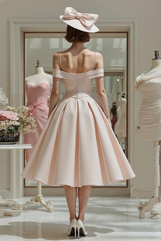 Robe Midi Froncée Épaules Dénudées Coupe Trapèze Rose Bonbon pour Mère de la Mariée