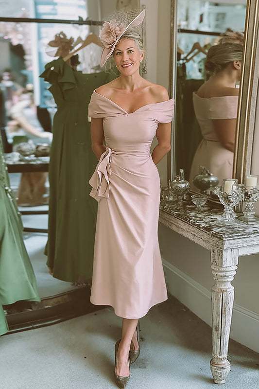 Blush Pink Off The Shoulder Sheath Satin Mother Of The Bride Dress