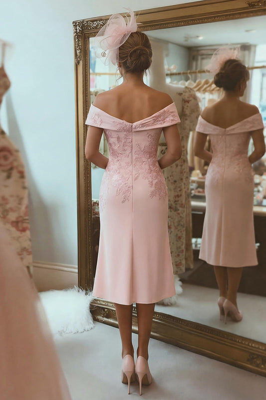 Blush Pink Sheath Off The Shoulder Mother Of The Bride Dress with Slit