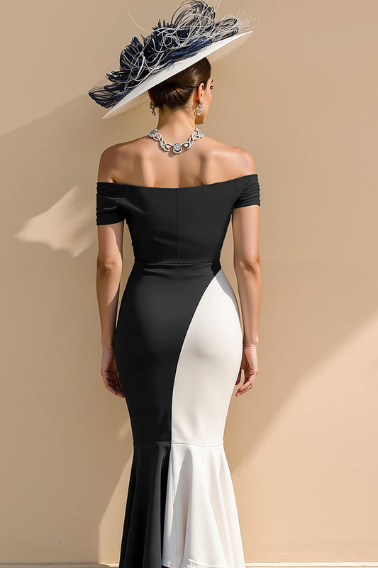 Robe de sirène longue en satin noir et blanc, épaules dénudées, pour mère de la mariée