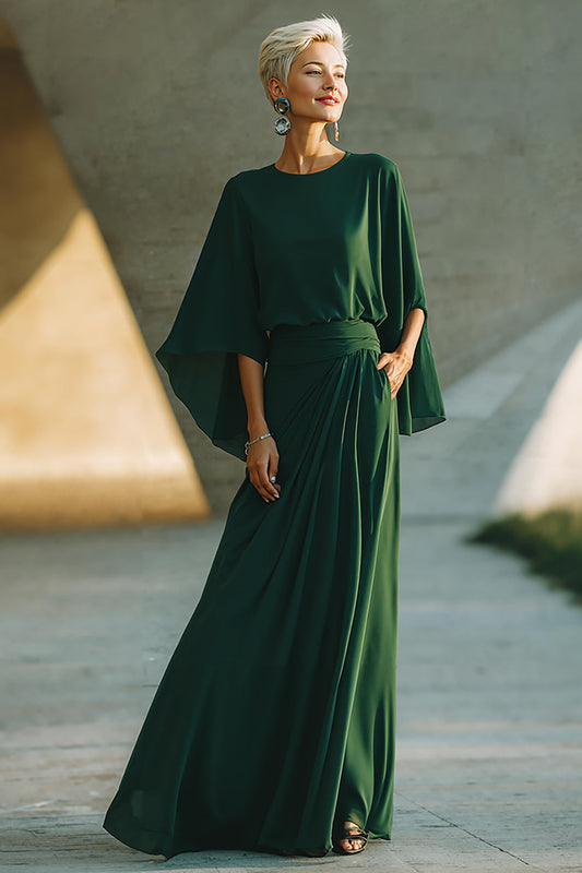 Robe longue vert foncé trapèze à col rond pour mère de la mariée