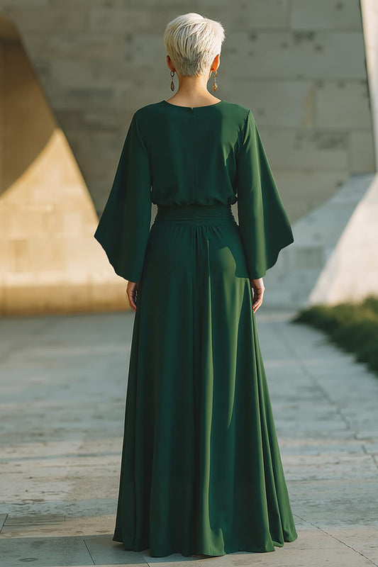 Robe longue vert foncé trapèze à col rond pour mère de la mariée