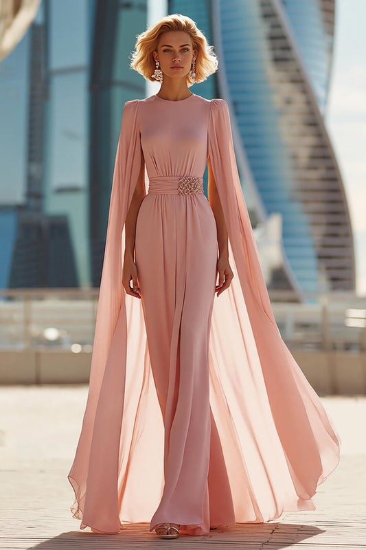 Robe fourreau longue rose fard à joues à col rond pour mère de la mariée