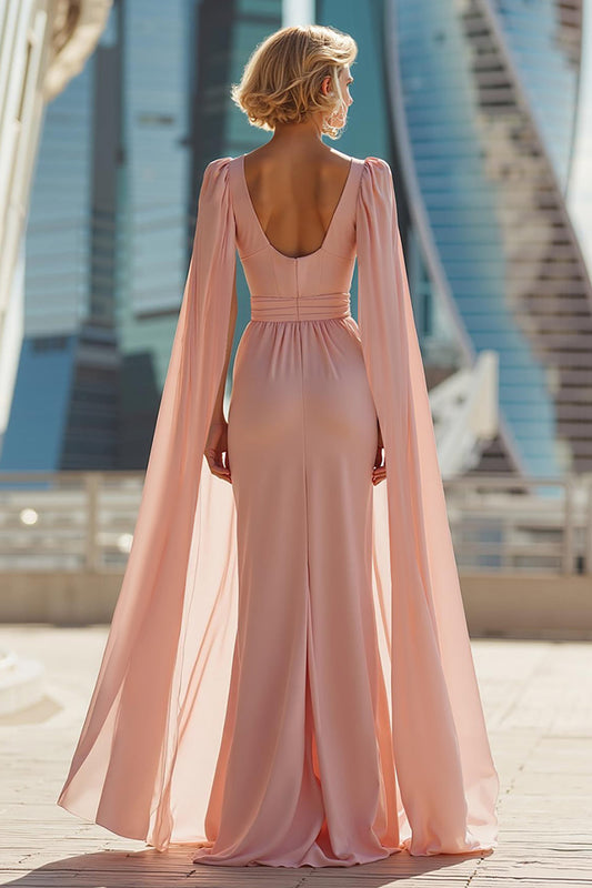 Robe fourreau longue rose fard à joues à col rond pour mère de la mariée
