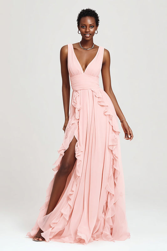 Robe longue de soirée rose en mousseline de soie à volants, coupe trapèze avec fente