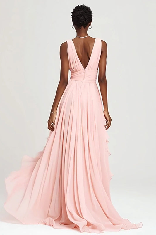 Robe longue de soirée rose en mousseline de soie à volants, coupe trapèze avec fente