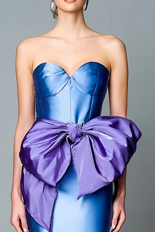 Robe de soirée sirène bleue bustier avec nœud