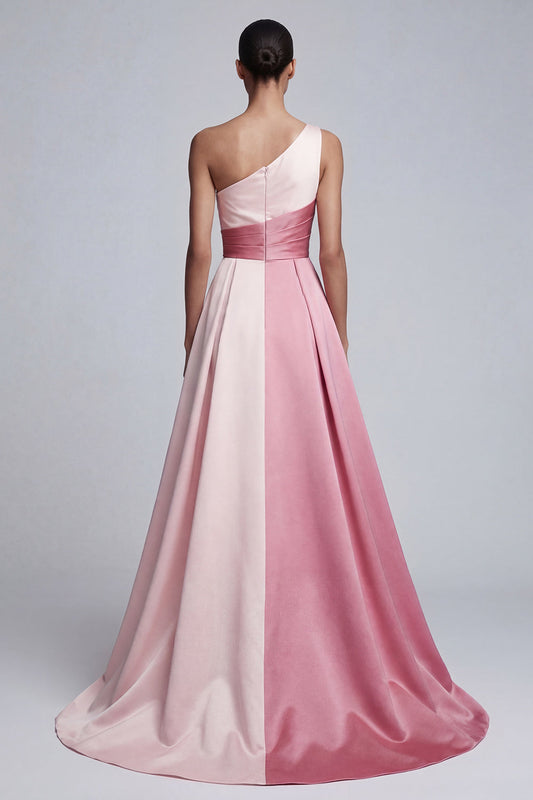 One Shoulder Pink Ruched A Line Formal Dress