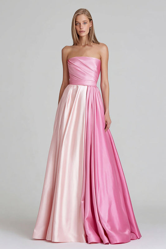 Robe de Soirée Longue Rose en Satin sans Bretelles Coupe Trapèze et Patchwork
