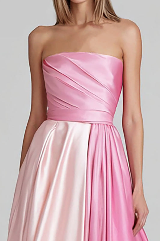 Robe de Soirée Longue Rose en Satin sans Bretelles Coupe Trapèze et Patchwork