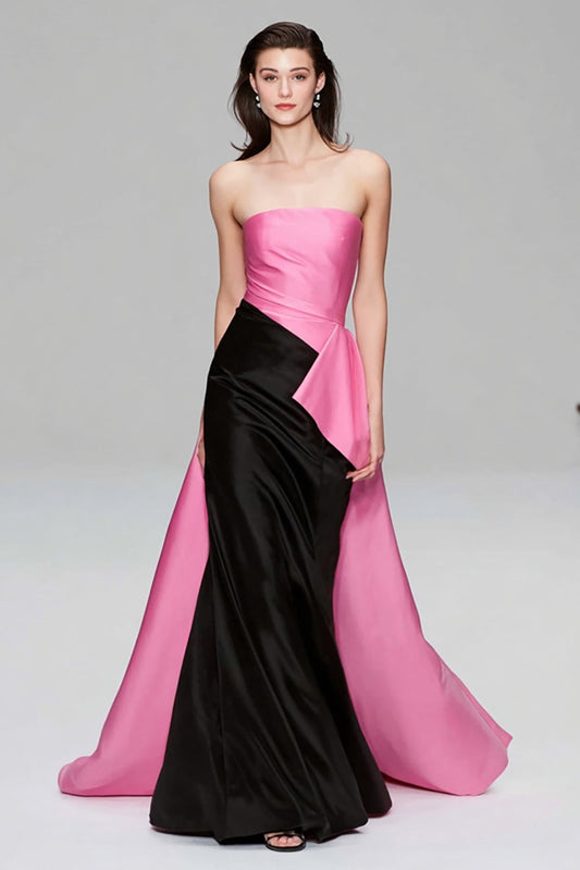 Robe de soirée longue sirène bustier en satin noir et rose à volants