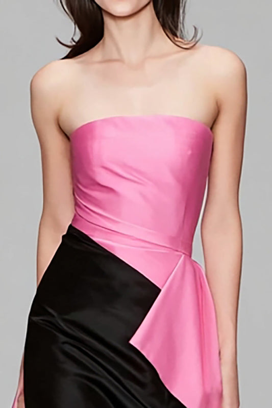 Robe de soirée longue sirène bustier en satin noir et rose à volants