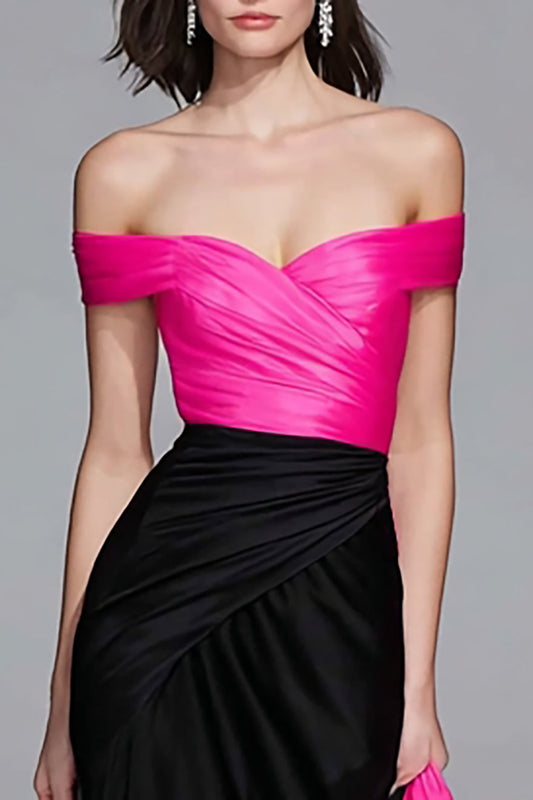 Robe longue de soirée sirène noire et fuchsia à épaules dénudées