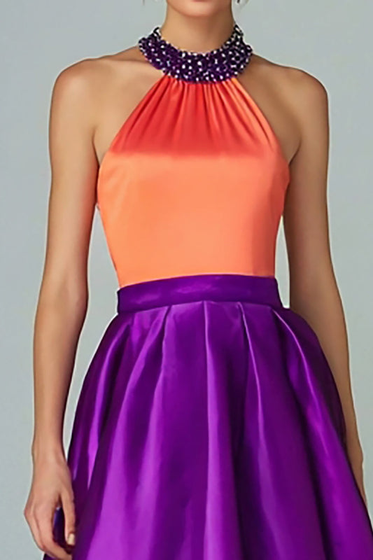 Robe de soirée asymétrique évasée orange et violette scintillante avec dos nu et perles