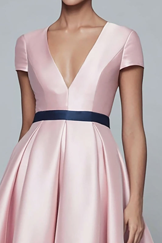 Robe de soirée longue trapèze en satin rose et bleu marine avec encolure en V et manches