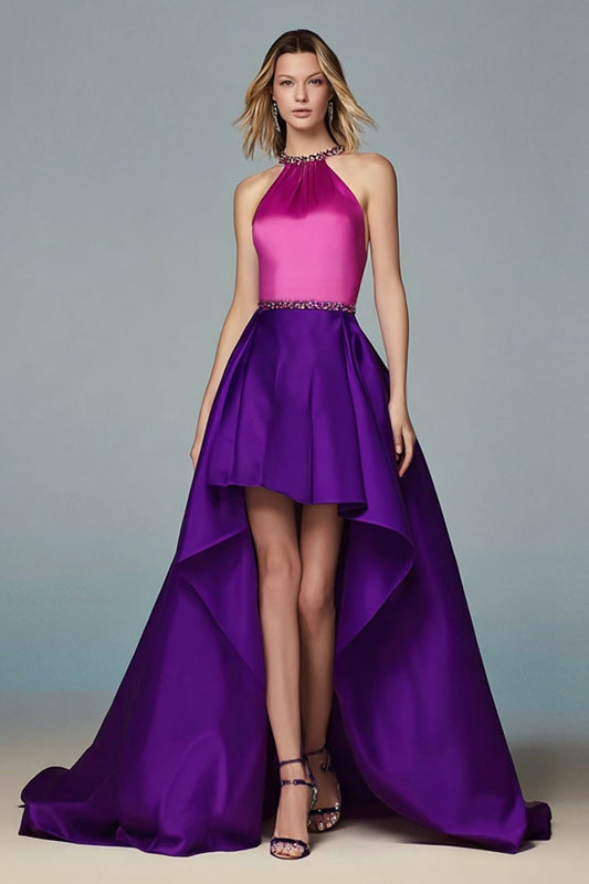 Robe de soirée ras-du-cou asymétrique rose fuchsia et violette scintillante avec perles