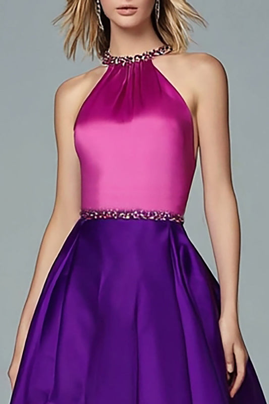 Robe de soirée ras-du-cou asymétrique rose fuchsia et violette scintillante avec perles