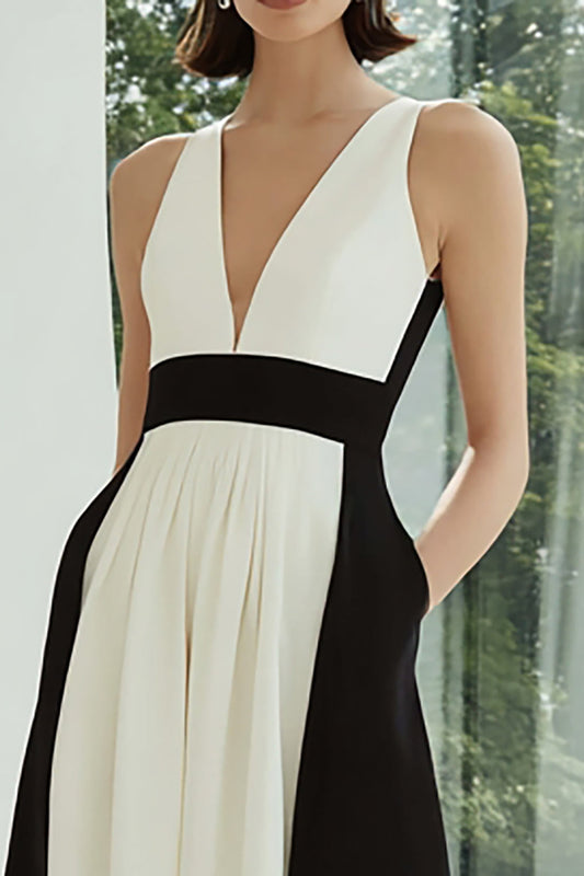 Robe de Soirée Longue en A Noir et Blanc Col V avec Poches