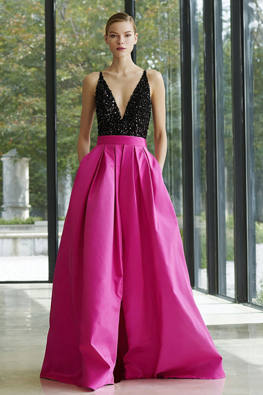Robe de soirée longue trapèze en satin noir et fuchsia scintillant avec décolleté en V profond et poches